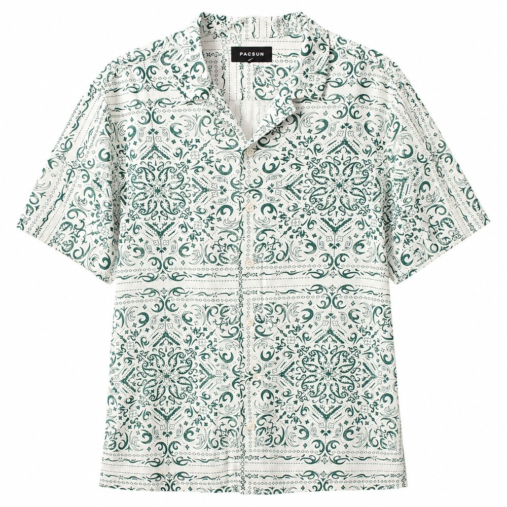 PACSUN Bandana-Print Linen Blend S/S Button-Up Shirt Sz M Green White Skater